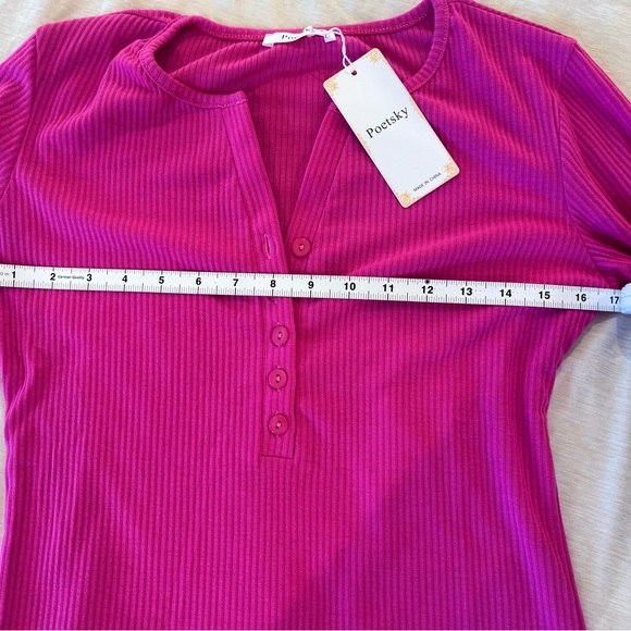 Fuchsia Ribbed Long Sleeve Henley Top - Picture 6 of 9